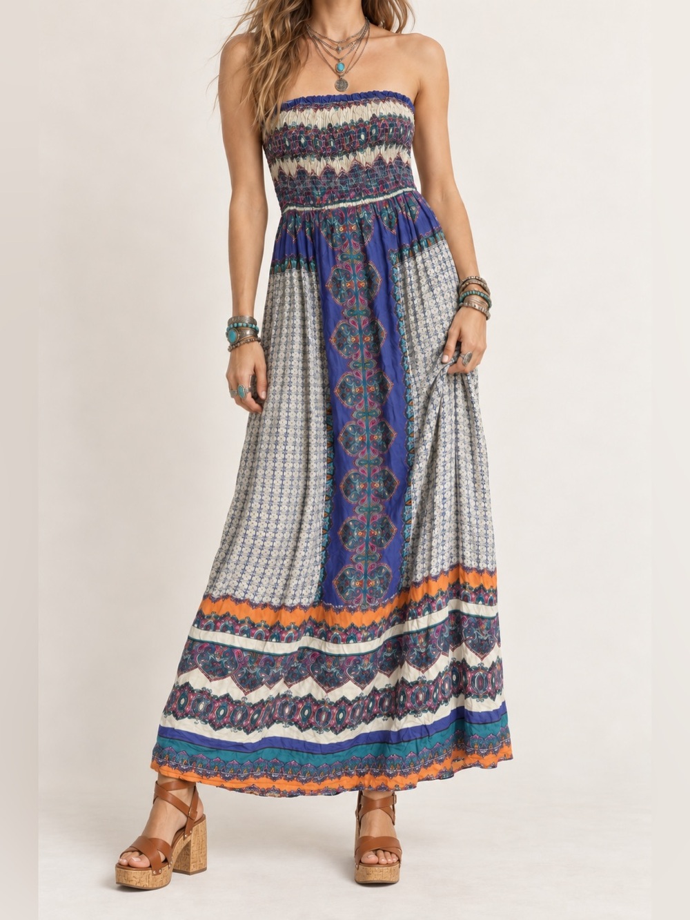 Vintage Angie Boho Paisley Strapless Maxi Dress XS Like New